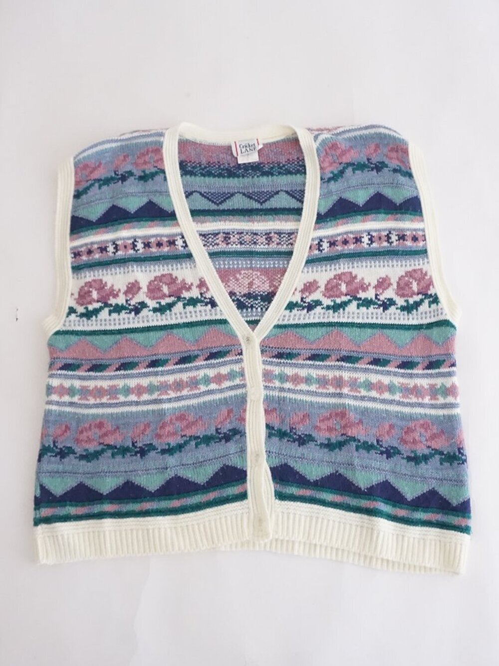 Vintage Cricket Lane Cream Pastel Fair Isle Geometric Knit Sweater Vest XL